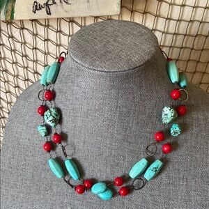 Vintage Artisan Aqua Howlite Stone & Red Glass Beads Necklace
